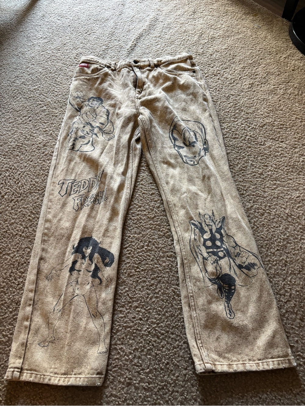 Marvel x Teddy Fresh Denim Pants Acid Wash Iron Man Captain America Hulk Size 30